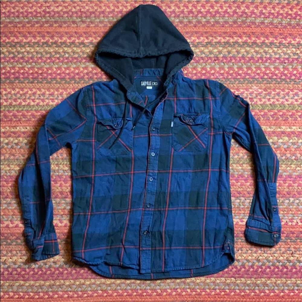 HOODED FLANNEL BUTTON UP SHIRT